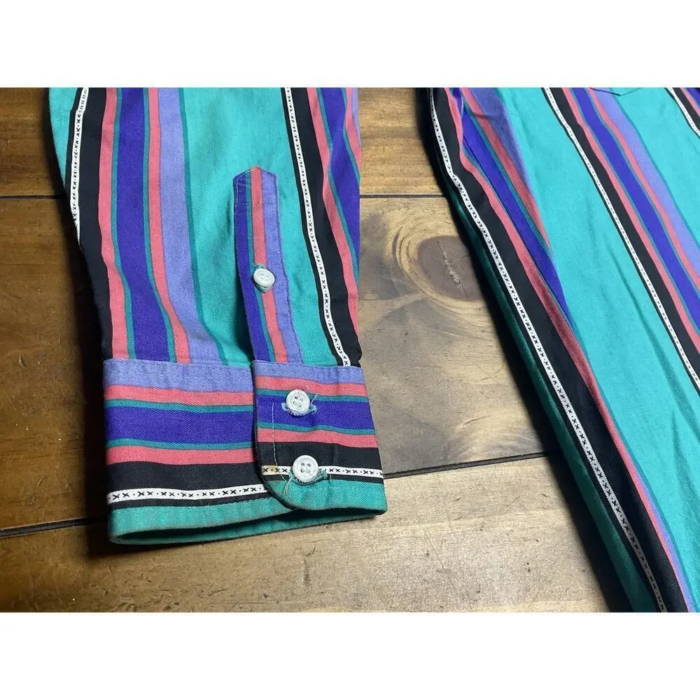 Vintage Wrangler Brushpopper Western Striped Button Up X-Long Tails 17x36 USA